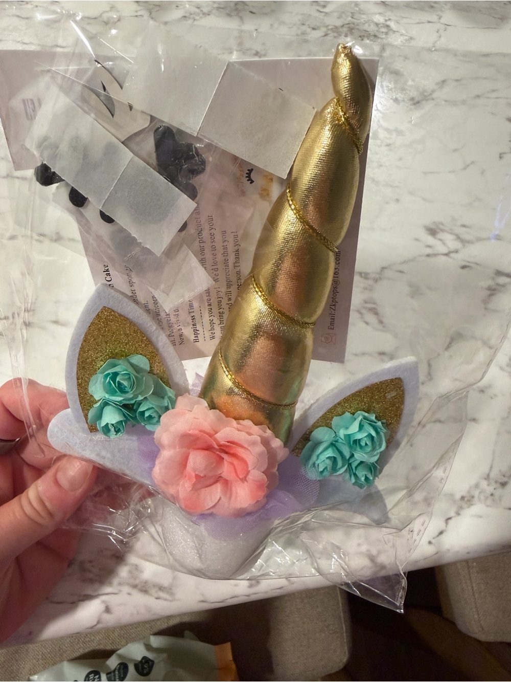 Unbranded Kids Gold Unicorn Headband with Pink & Teal Flowers